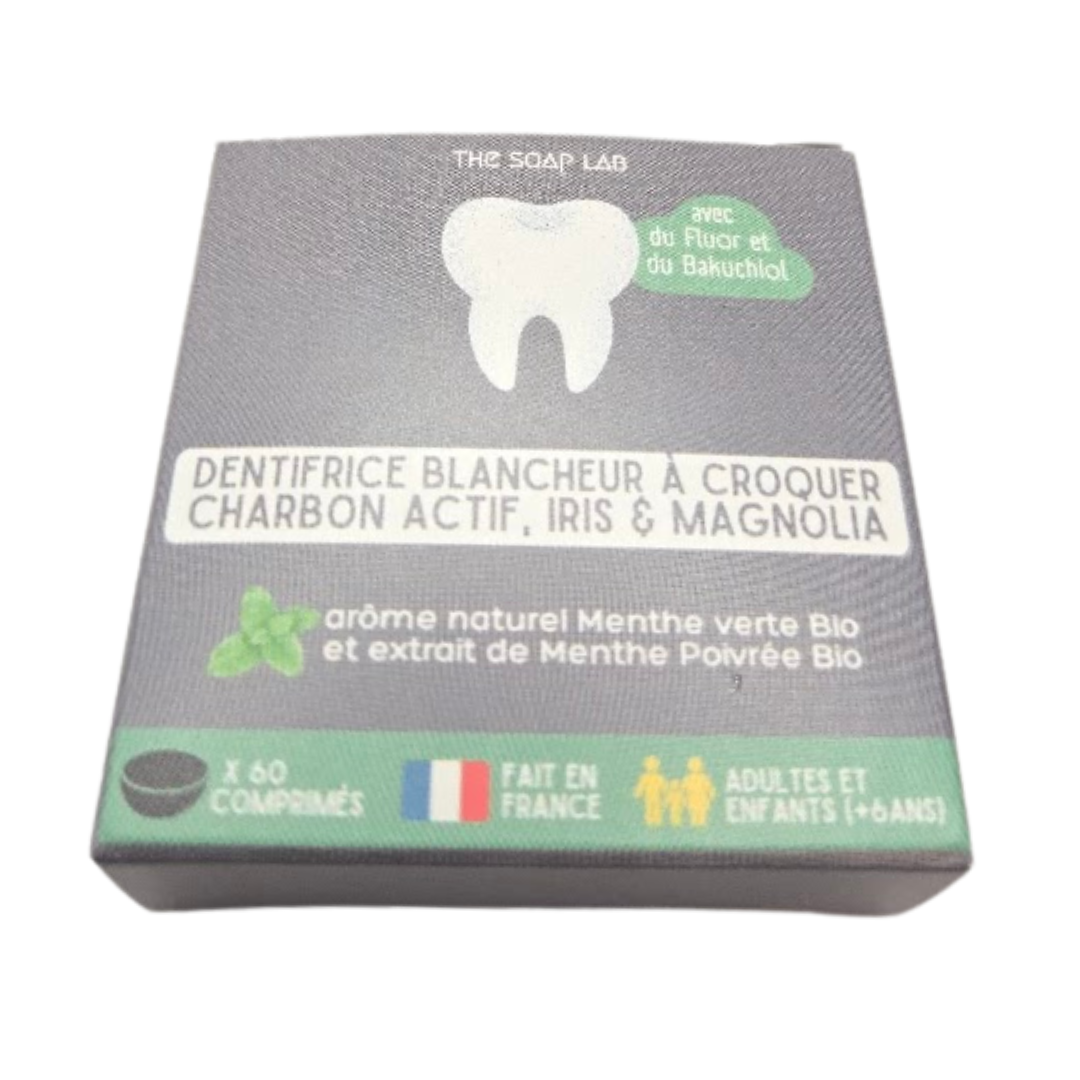 dentifrice à croquer au charbon actif blancheur / arôme menthe verte Bio / boîte en carton recharge