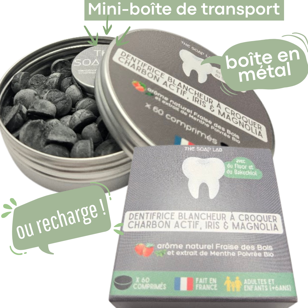 dentifrice à croquer au charbon actif blancheur / arôme naturel fraise des bois