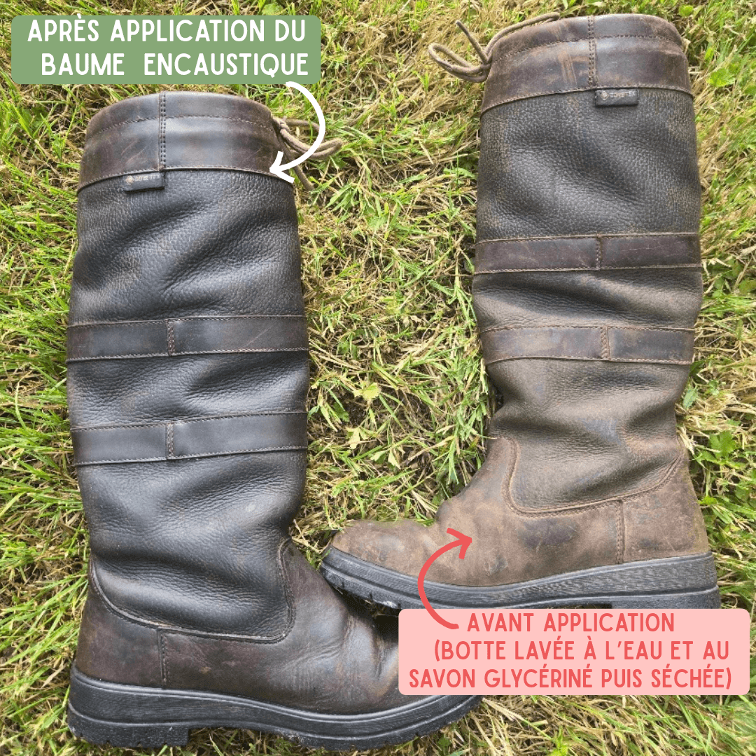 test du baume encaustique sur une paire de bottes en cuir
