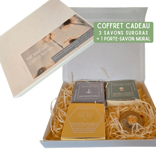 coffret cadeau 3 savons + 1 porte-savon mural aimanté