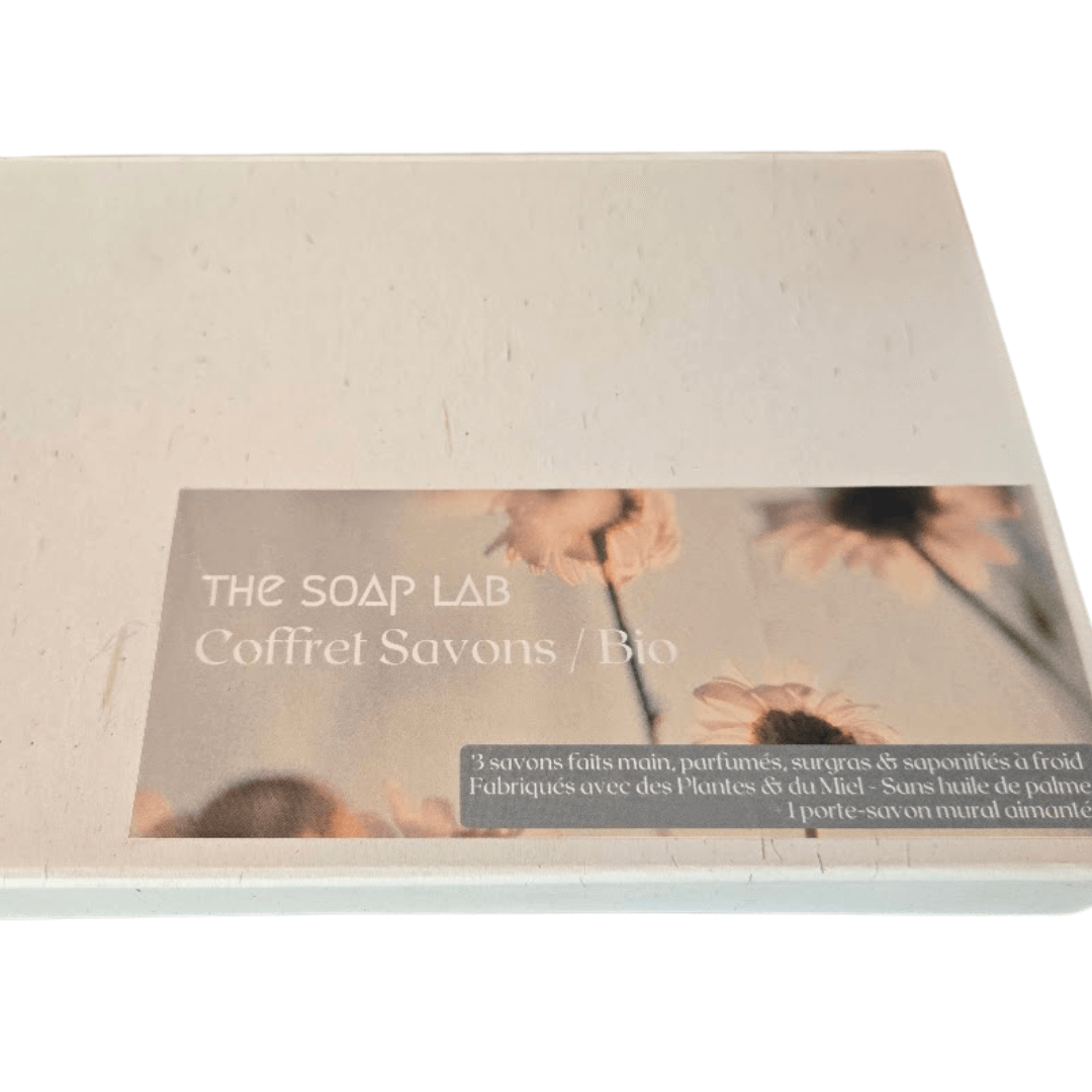 coffret cadeau 3 savons + 1 porte-savon mural aimanté