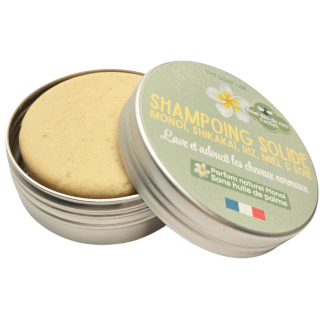 shampoing solide pour cheveux normaux au monoï dans boite en métal