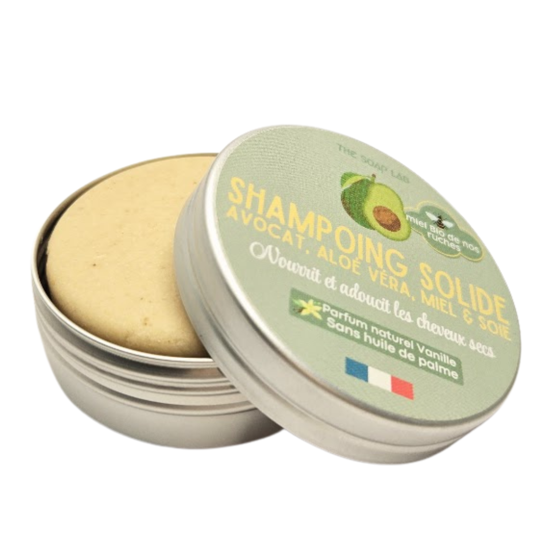 shampoing solide pour cheveux secs au miel et avocat / dans boite en métal