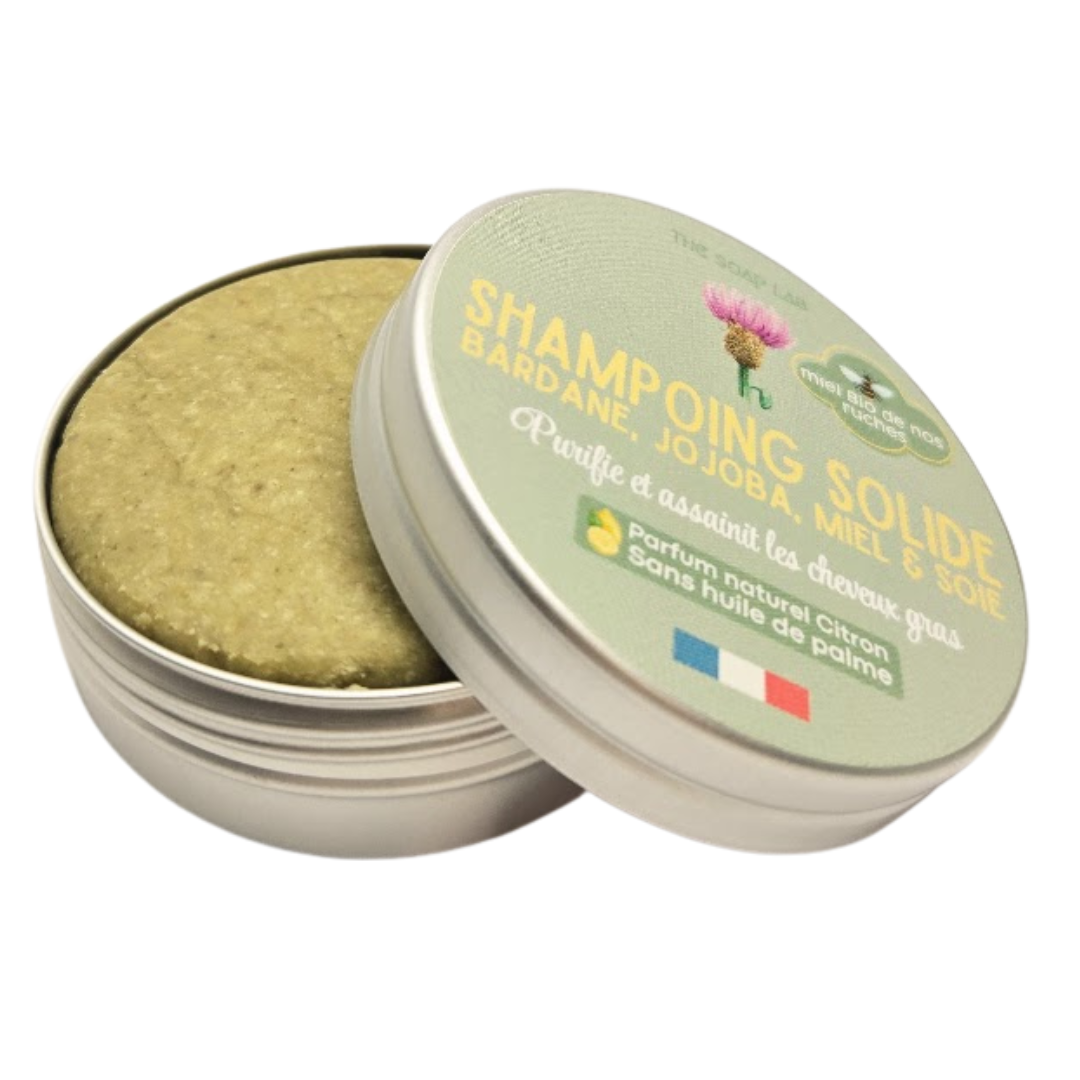 shampoing solide pour cheveux gras au miel et bardane / dans boite en métal