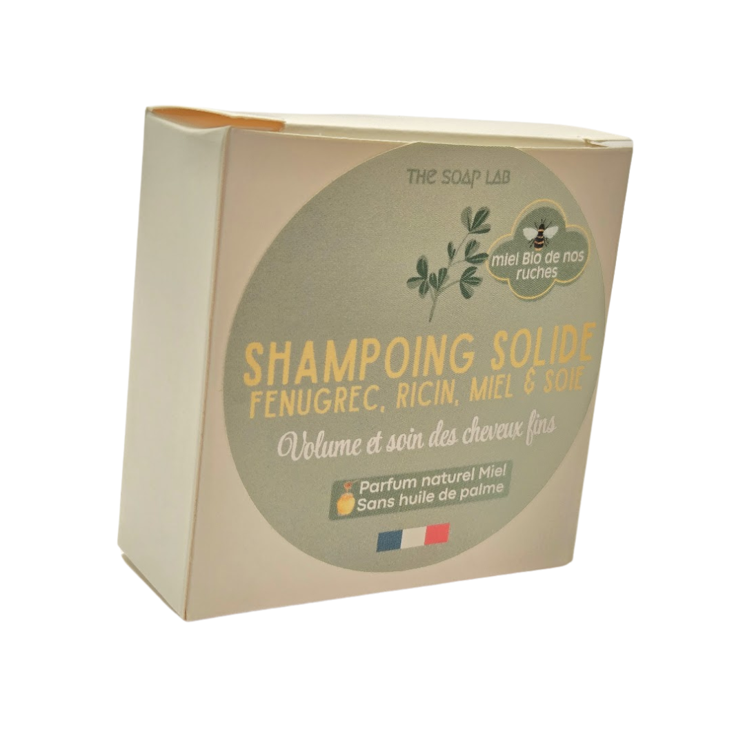 shampoing solide pour cheveux fins au miel et ricin / dans boite carton recharge