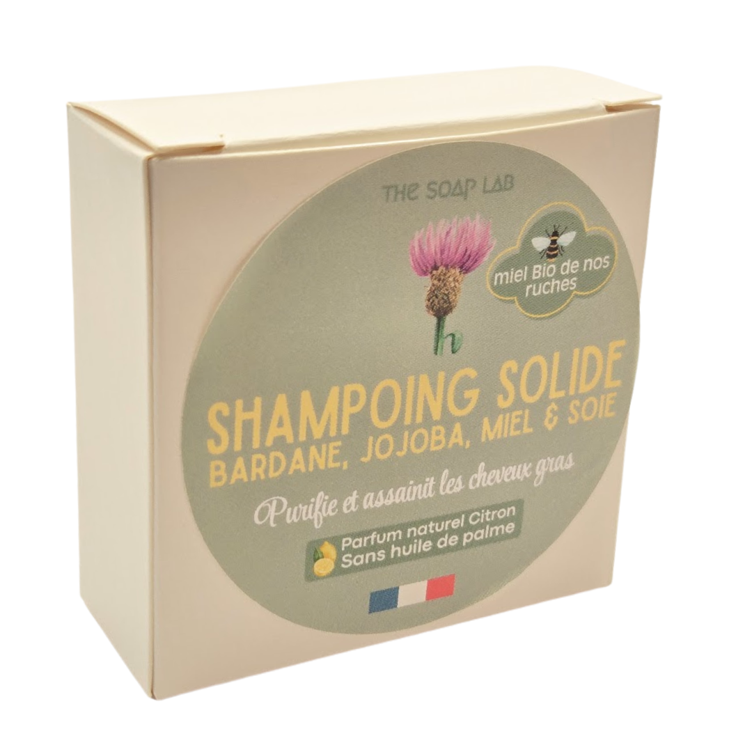 shampoing solide pour cheveux gras au miel et bardane / dans boite recharge en carton