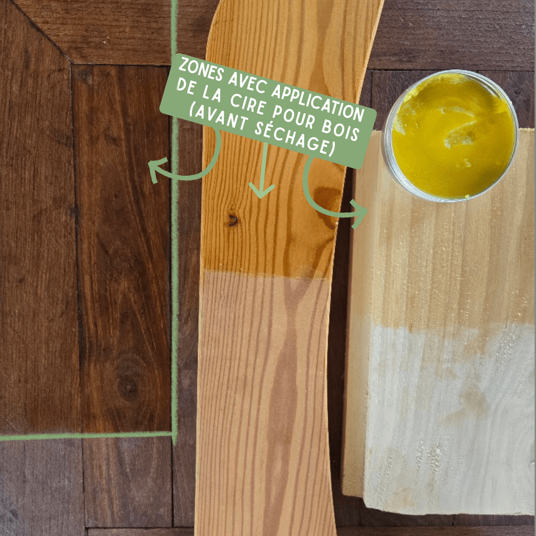 test de la cire pour bois à la cire d'abeille Bio The Soap Lab sur 3 bois bruts de couleurs différentes