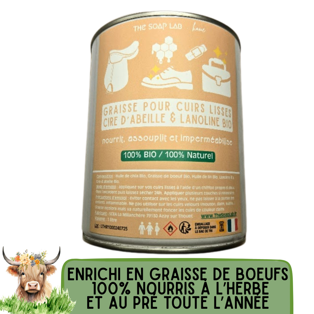 graisse pour cuirs lisses à la cire d'abeille et lanoline Bio / dans pot en métal de 1000mL / 1L