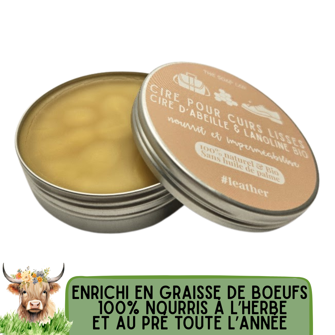graisse pour cuirs lisses à la cire d'abeille et lanoline Bio / dans pot en métal de 100mL
