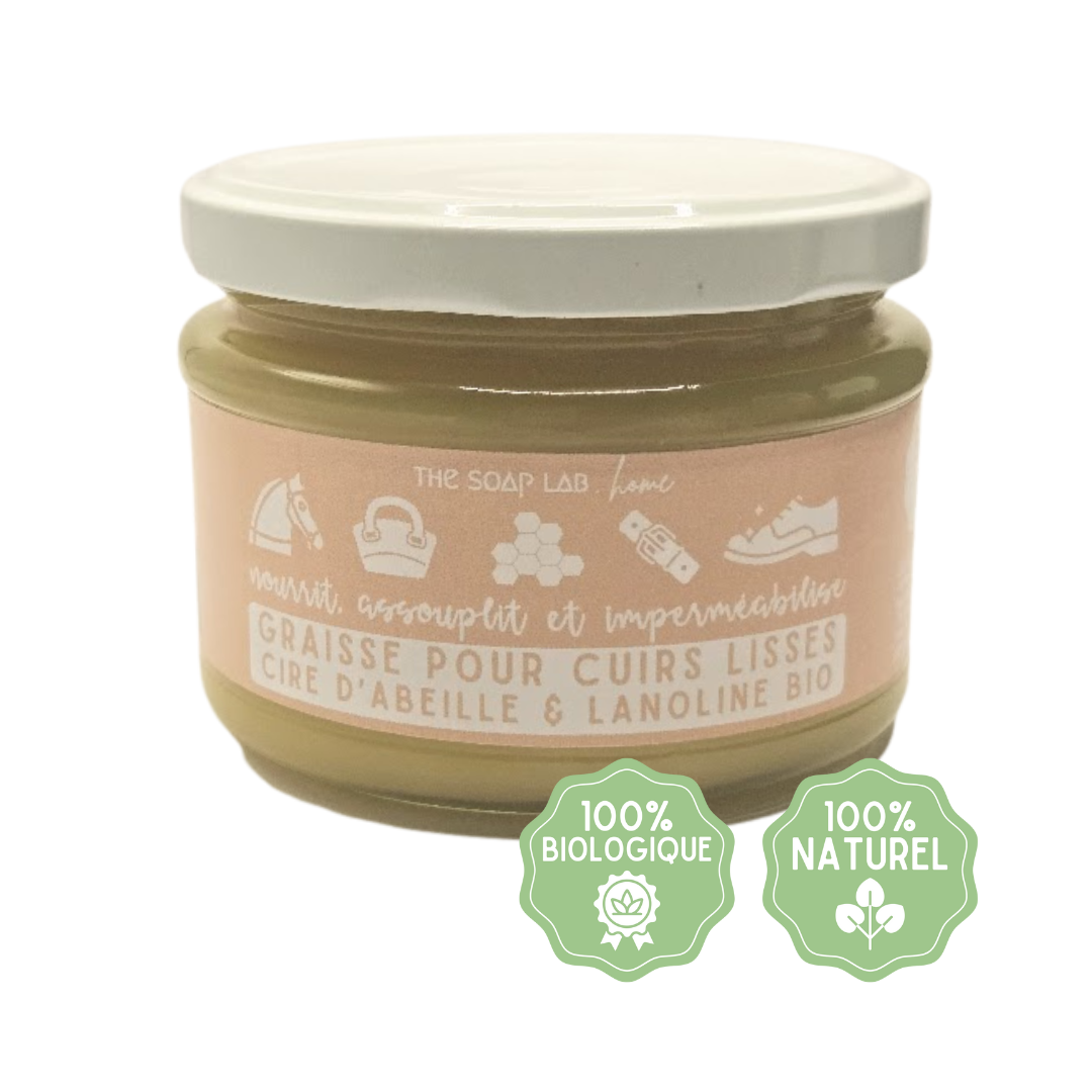 cire pour cuirs lisses à la lanoline et cire d'abeille Bio / dans pot en verre de 280mL