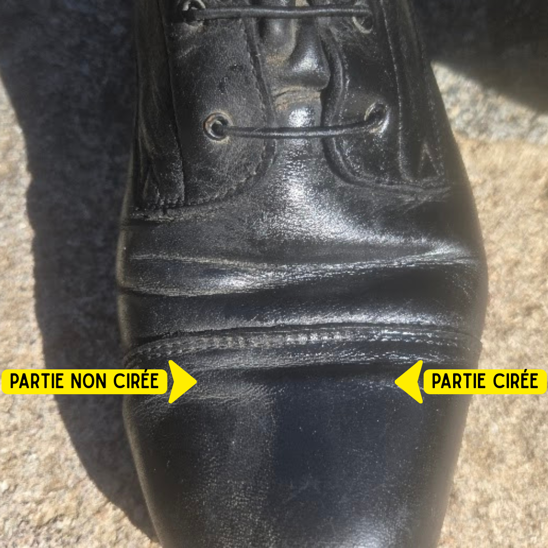 test de la cire pour cuirs à la cire d'abeille Bio sur bottes d'équitation