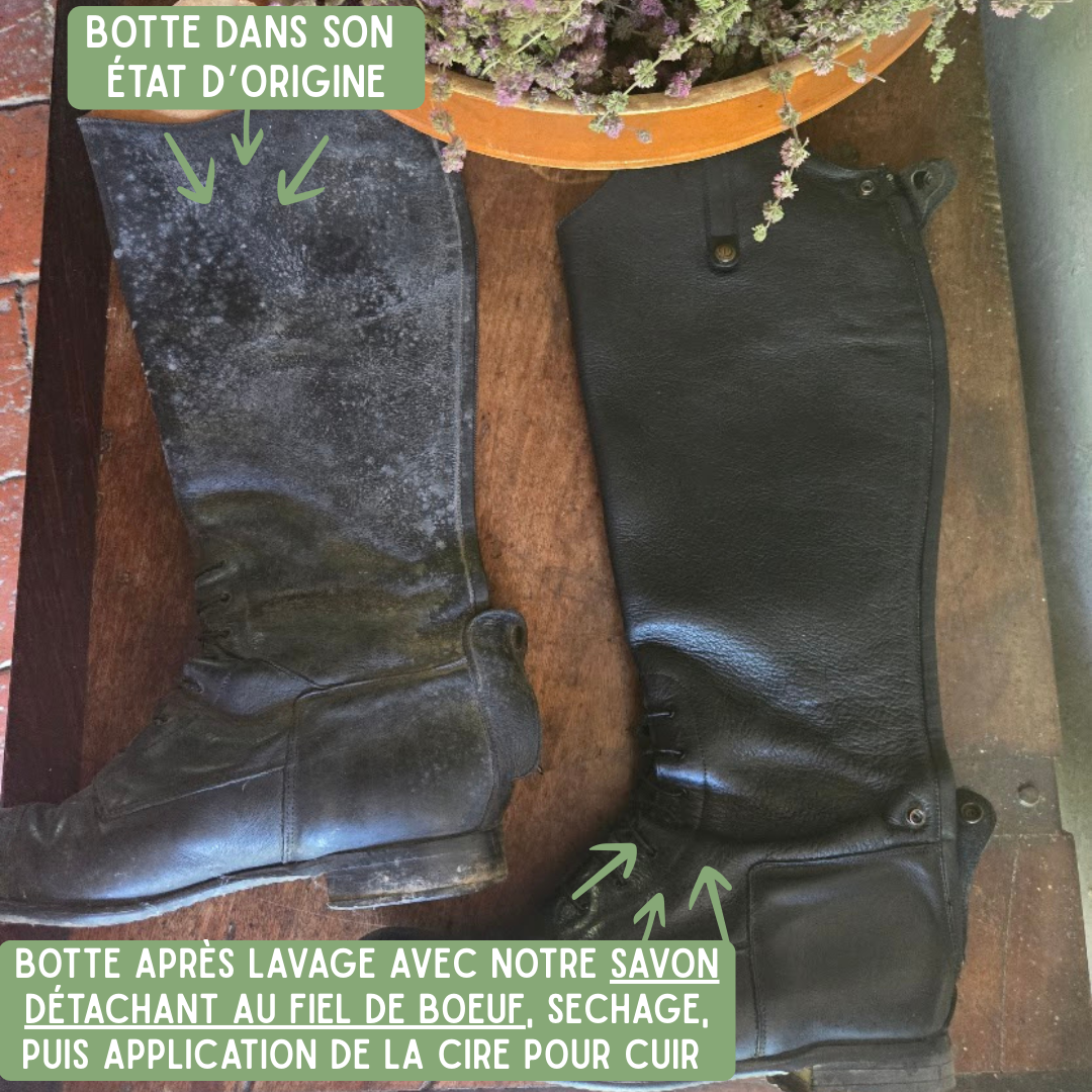 test de la cire pour cuirs à la cire d'abeille Bio sur bottes d'équitation
