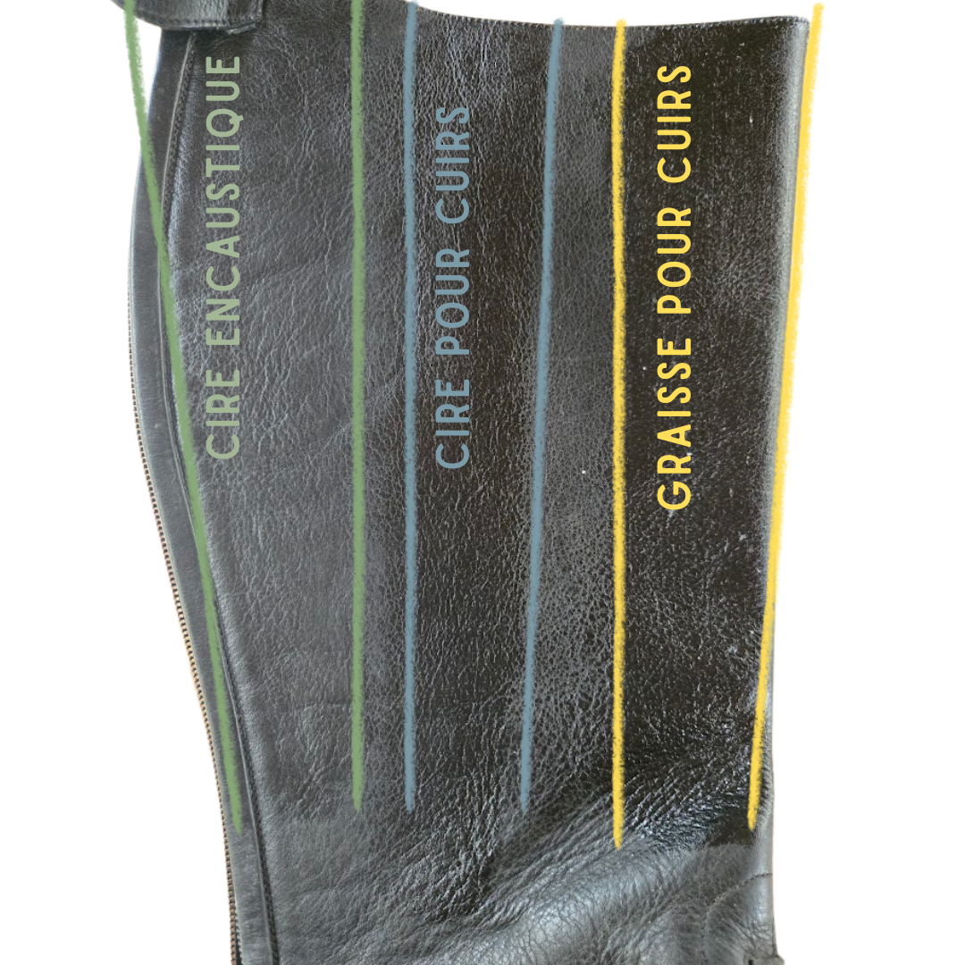 test de la cire encaustique, de la cire pour cuirs et de la graisse pour cuirs sur la face externe d'une botte d'équitation.