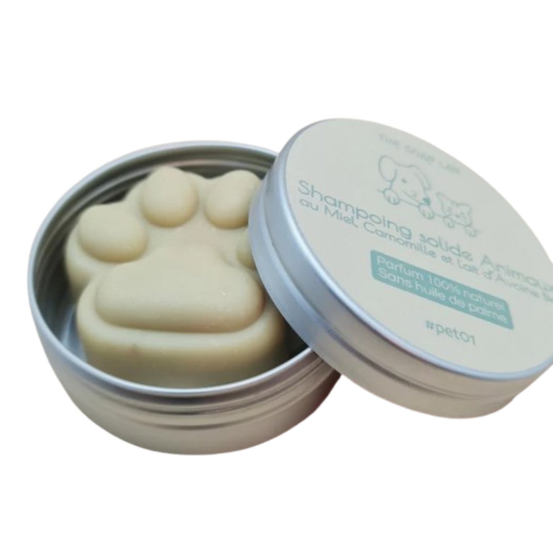 shampoing pour animaux en forme de patte de chien dans boßte en métal ronde de 35mL