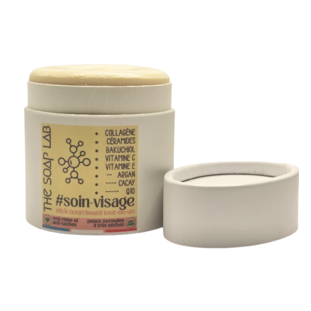 stick push-up en kraft blanc, soin visage anti rides au bakuchiol et huile de cacay / stick ouvert vu de face avec bouchon sur le côté / sur fond blanc
