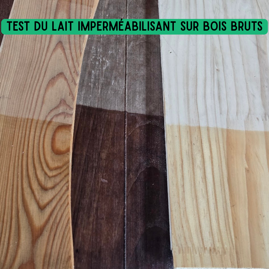 tests du lait imperméabilisant sur 3 planches en bois de teintes différentes