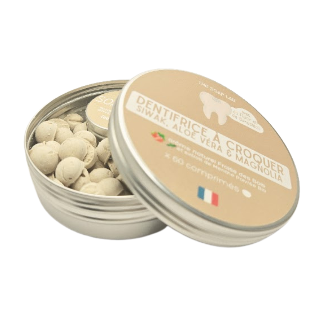 dentifrice à croquer au siwak et fluor / arôme naturel fraise des bois / boîte en métal
