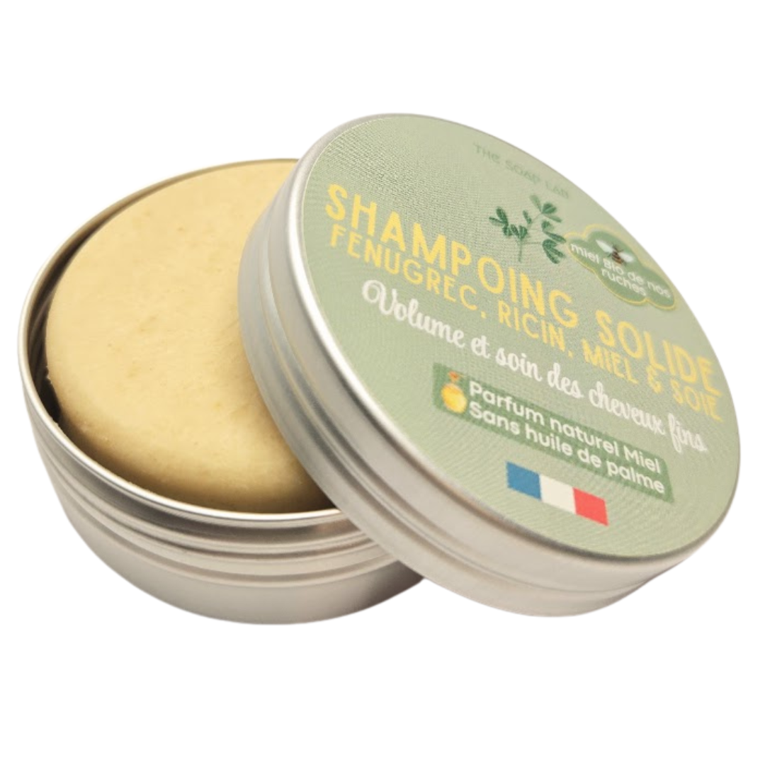 shampoing solide pour cheveux fins au miel et ricin / dans boite en métal