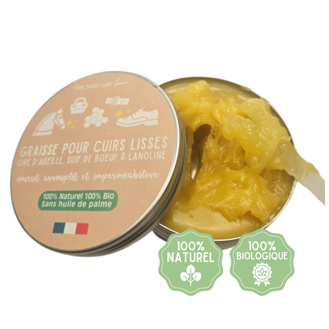 graisse pour cuirs lisses à la cire d'abeille et lanoline Bio / dans pot en métal de 100mL