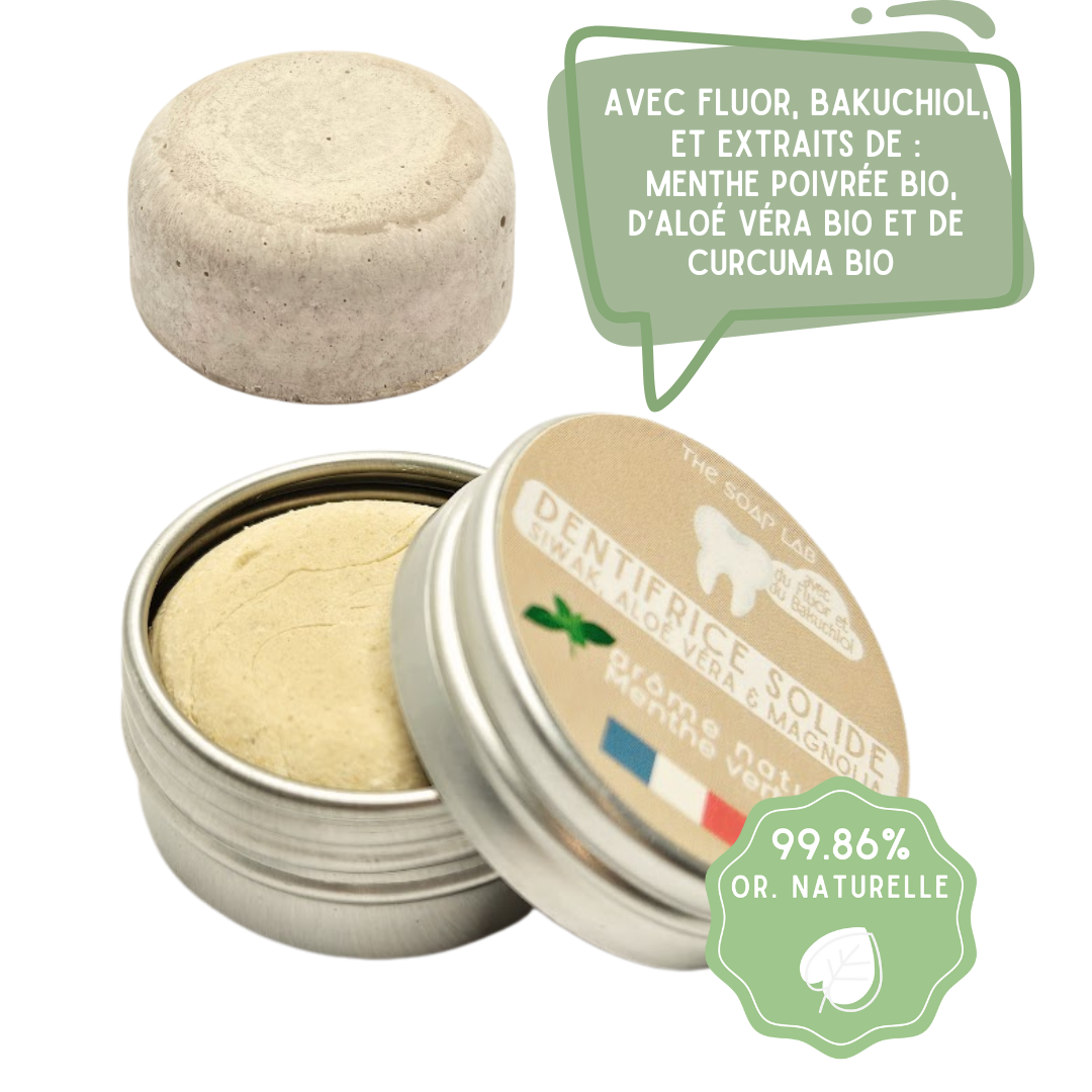 dentifrice solide au siwak dans boite en métal de 15mL et arôme naturel menthe 