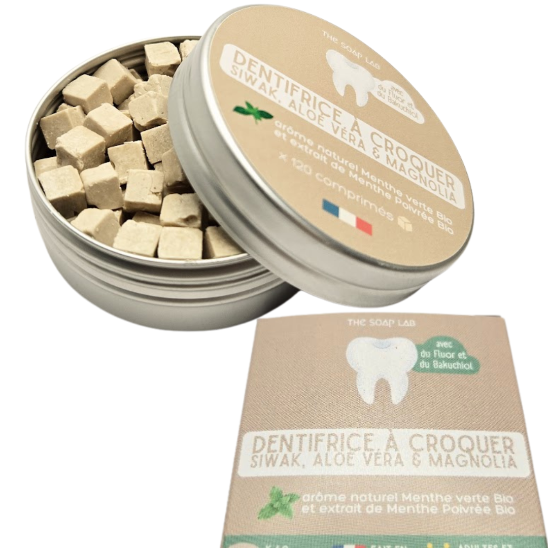 dentifrice à croquer au siwak et fluor / arôme naturel menthe verte Bio / boite en métal et recharge en carton
