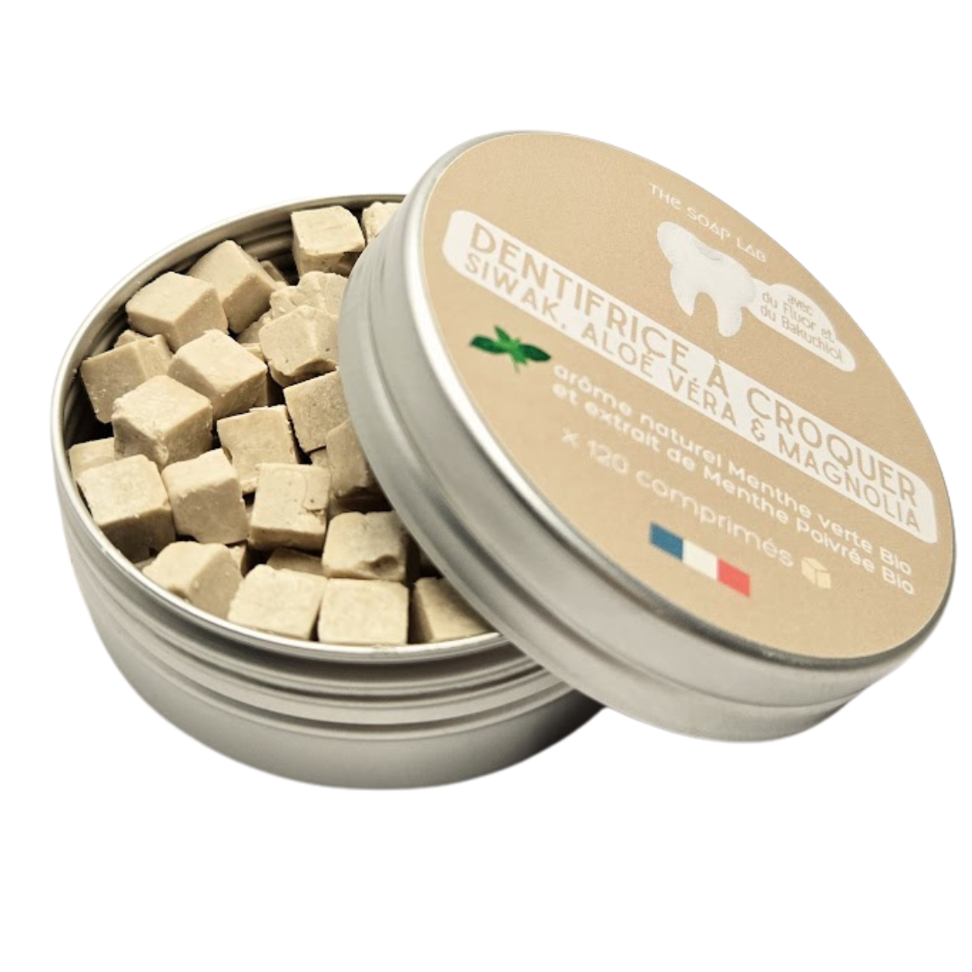 dentifrice à croquer au siwak et fluor / arôme naturel menthe verte Bio / dans boite en métal