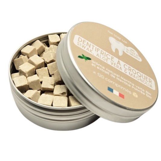 dentifrice à croquer au siwak et fluor / arôme naturel menthe verte Bio / dans boite en métal