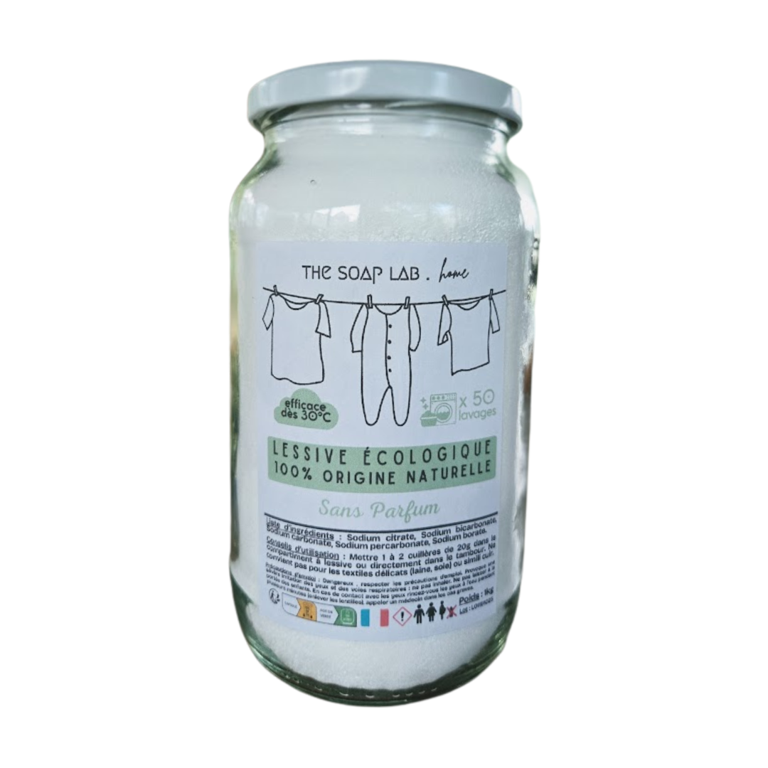 Lessive écologique en poudre dans bocal en verre de 1L vu de face