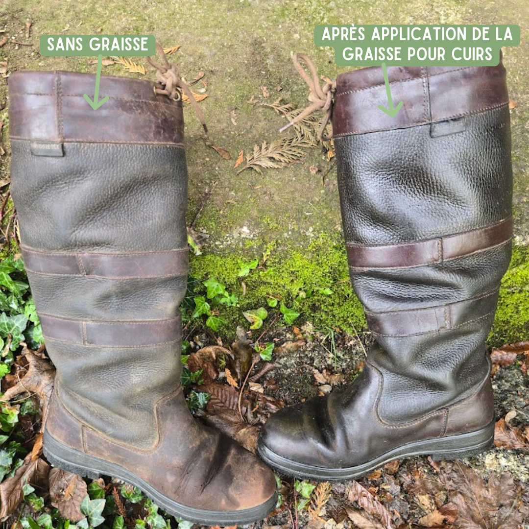 test de la graisse pour cuirs sur des bottes en cuir posées sur des marches en pierre avec des feuilles mortes et de la mousse