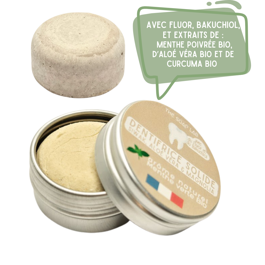 dentifrice solide au siwak dans boite en métal de 15mL et dentifrice solide sans sa boîte, sur fond blanc