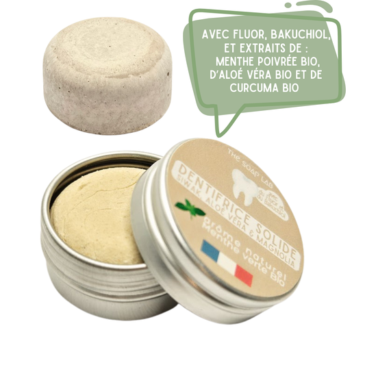 dentifrice solide au siwak dans boite en métal de 15mL et dentifrice solide sans sa boîte, sur fond blanc