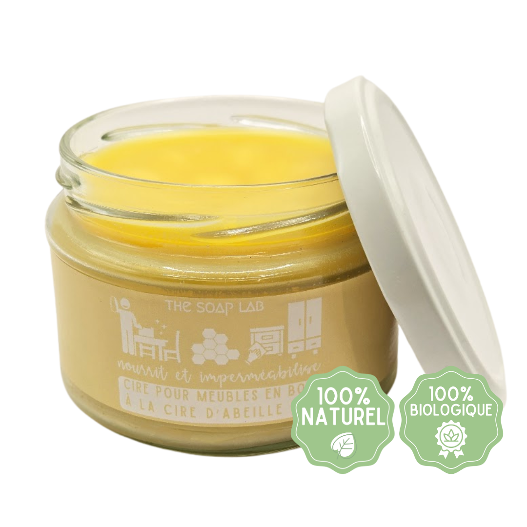 cire pour bois à la cire d'abeille bio / dans bocal en verre de 280 mL avec couvercle mi-ouvert / fond blanc