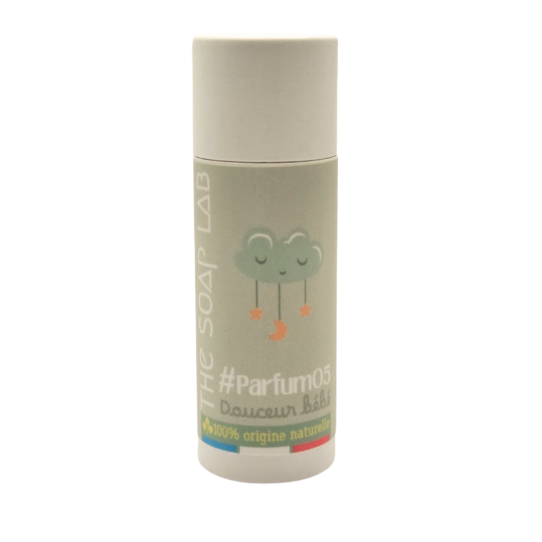 parfum en stick pour Femme, senteur bébé , 100% naturel, tube kraft push-up vu de face et fermé